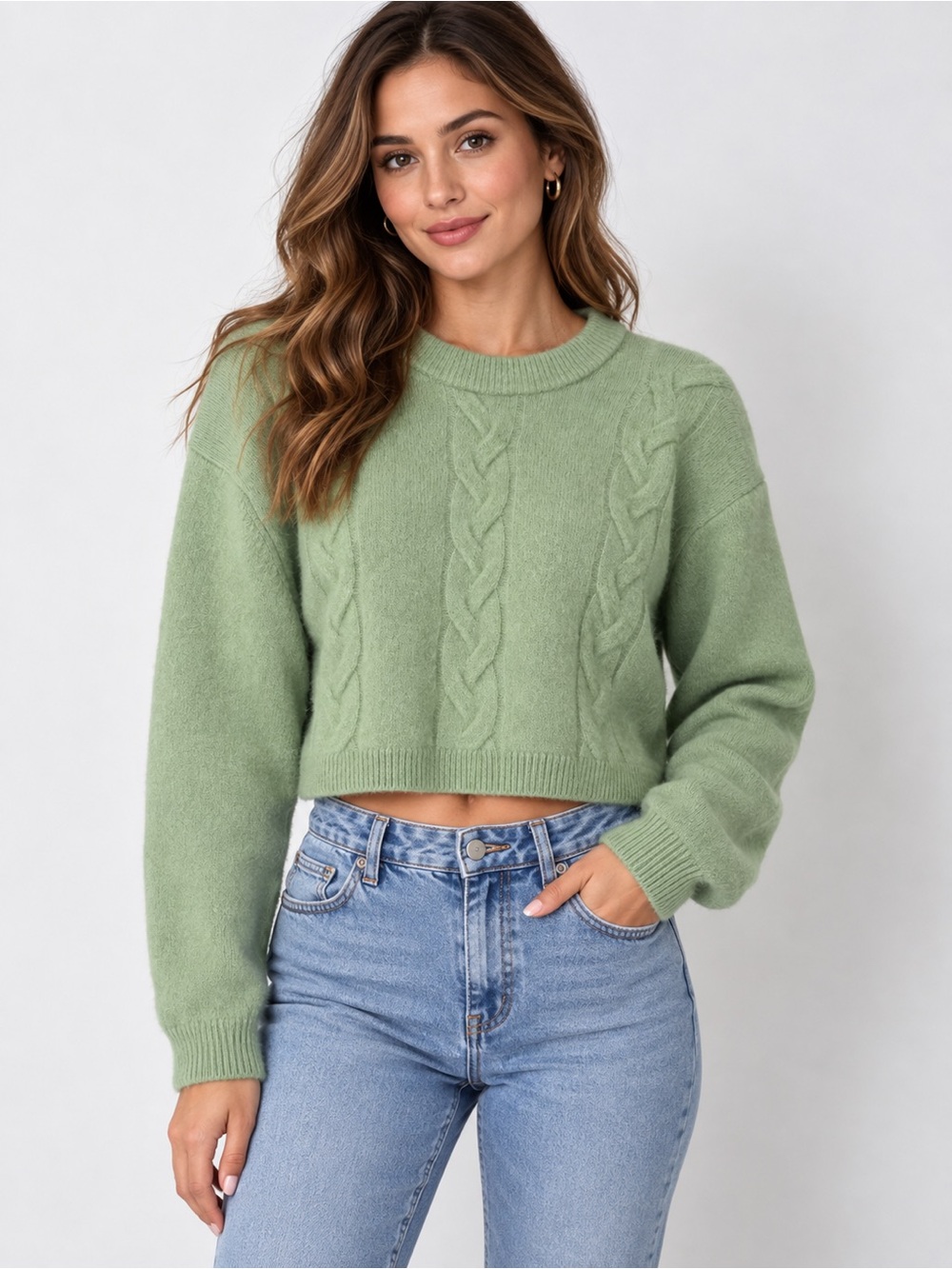 Madewell Sage Green Cropped Cable Crewneck Sweater